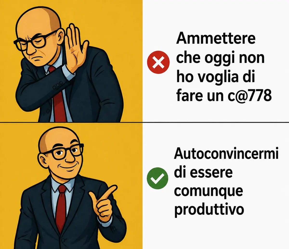 Persona circondata da simboli di procrastinazione: social media, email, attività fittizie, mentre ignora il vero lavoro critico sullo sfondo