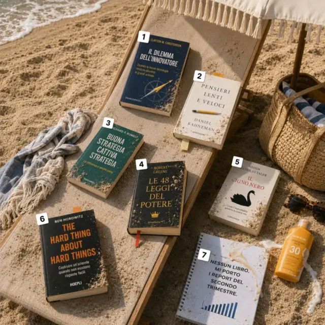 7 libri sulla spiaggia: Il Dilemma dell'Innovatore, Pensieri Lenti e Veloci, Buona Strategia Cattiva Strategia, Le 48 Leggi del Potere, Il Cigno Nero, The Hard Thing About Hard Things, e un report con grafici.