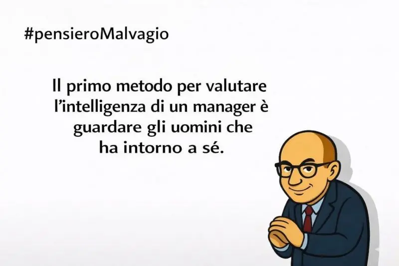 Manager con occhiali sorride. Testo: 'Il primo metodo per valutare l'intelligenza di un manager è guardare gli uomini che ha intorno a sé' #pensieroMalvagio