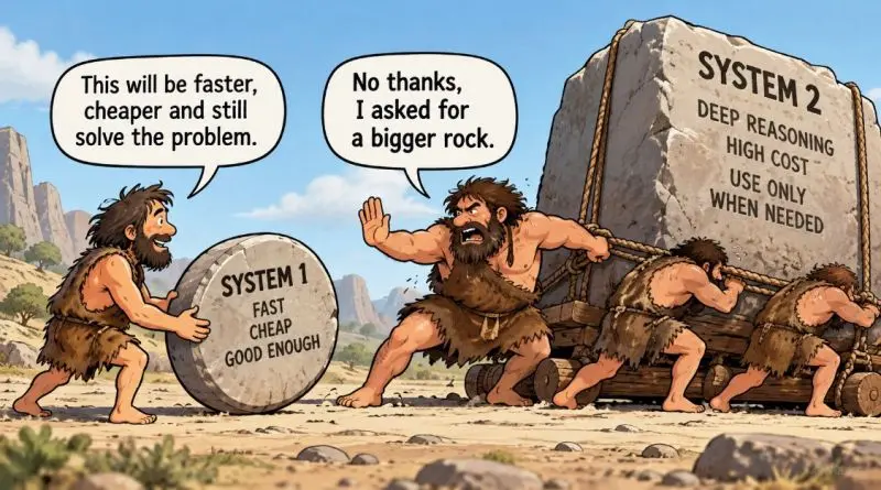 Due cavemen discutono su quale sistema usare: il primo dice 'This will be faster, cheaper and still solve the problem', il secondo risponde 'No thanks, I asked for a bigger rock'. Sullo sfondo un masso etichettato 'SYSTEM 2 - DEEP REASONING - HIGH COST - USE ONLY WHEN NEEDED'.