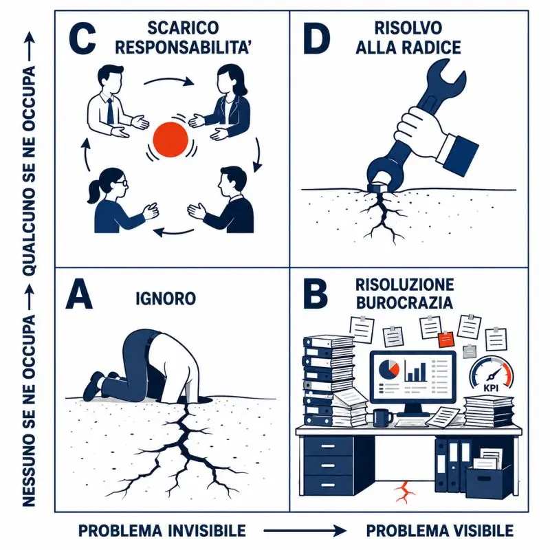 Matrice 2x2: Ignoro (problema invisibile), Risoluzione Burocrazia (problema visibile), Scarico Responsabilità (problema invisibile), Risolvo alla Radice (problema visibile)