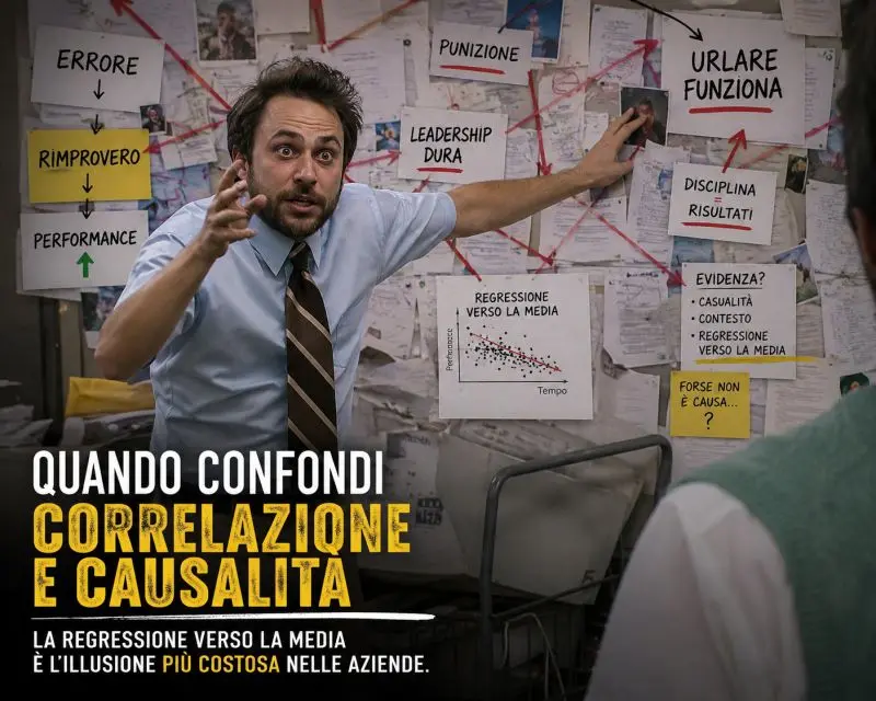 Una rappresentazione carica di teoria del complotto su una lavagna, con frecce rosse che collegano concetti di errore, rimprovero e performance