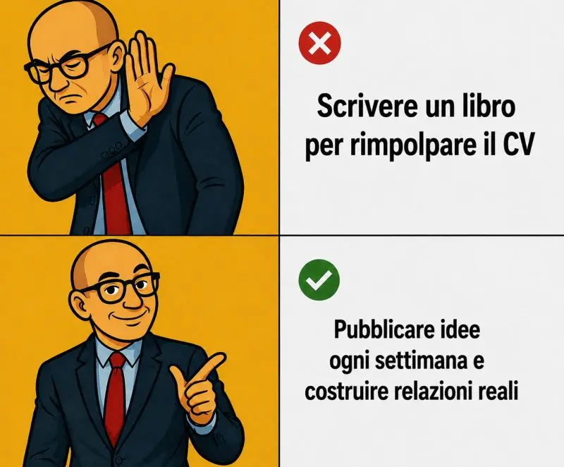 Meme: rifiuto di scrivere un libro per rimpoltare il CV, alternativa di pubblicare idee e costruire relazioni