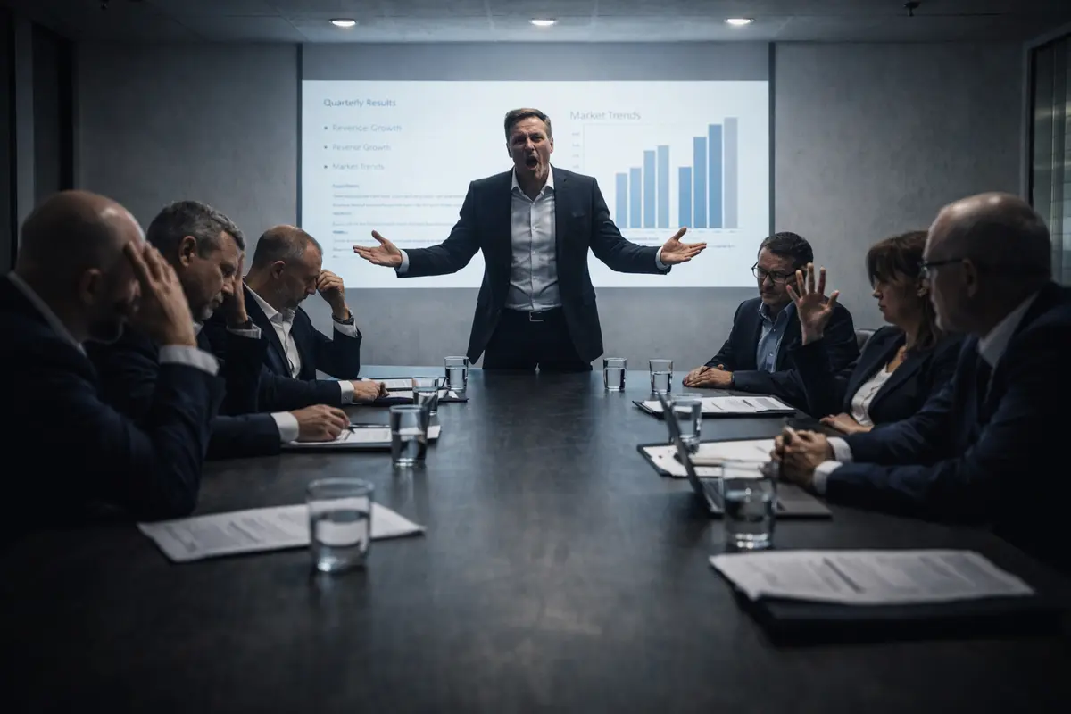 Dirigente in piedi gesticola frustrato durante riunione mentre i colleghi al tavolo mostrano disagio e disapprovazione