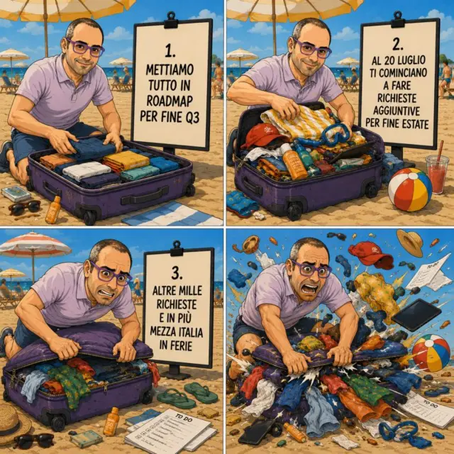 Meme a 4 quadranti: manager sulla spiaggia riempie la valigia con più richieste finché esplode
