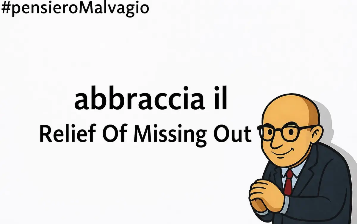 Disegno di un manager calvo con occhiali che abbraccia il ROMO – Relief of Missing Out, sorridendo.