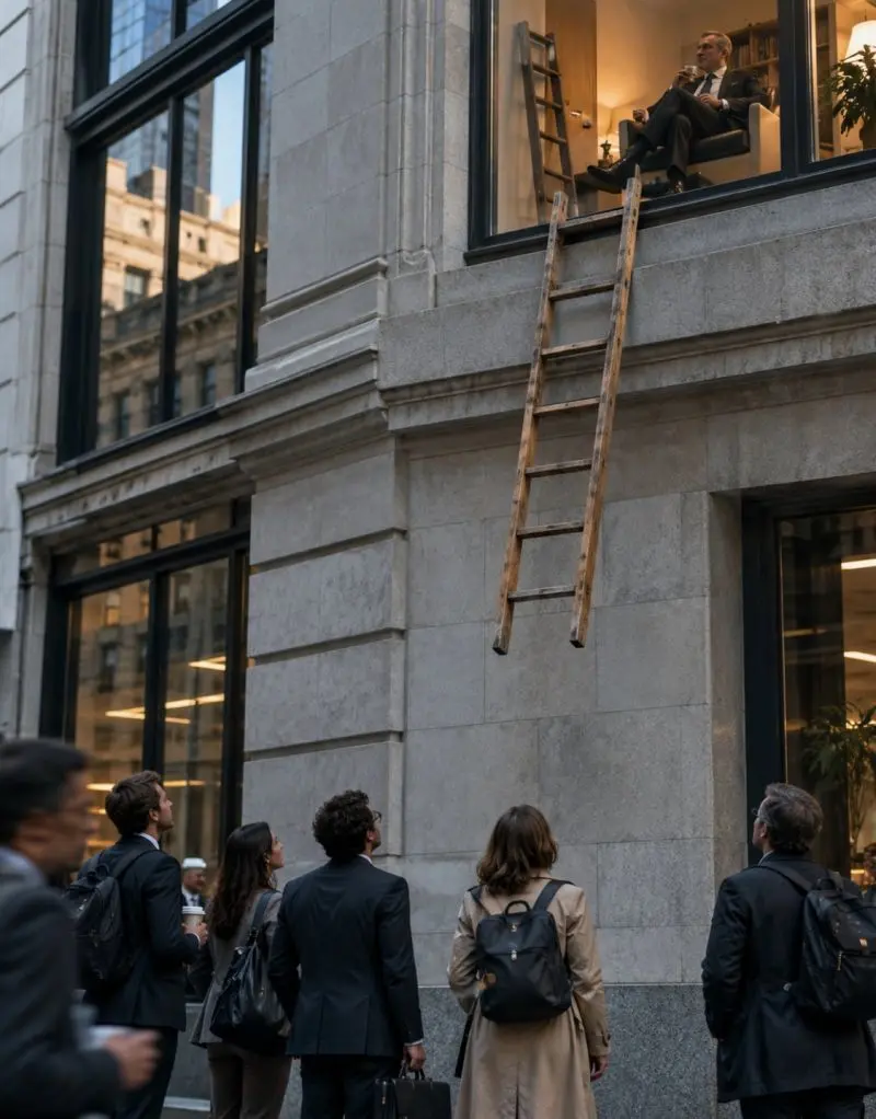 Persone in abiti professionali guardano una scala di legno rimossa da un edificio, metafora della mobilità sociale smantellata
