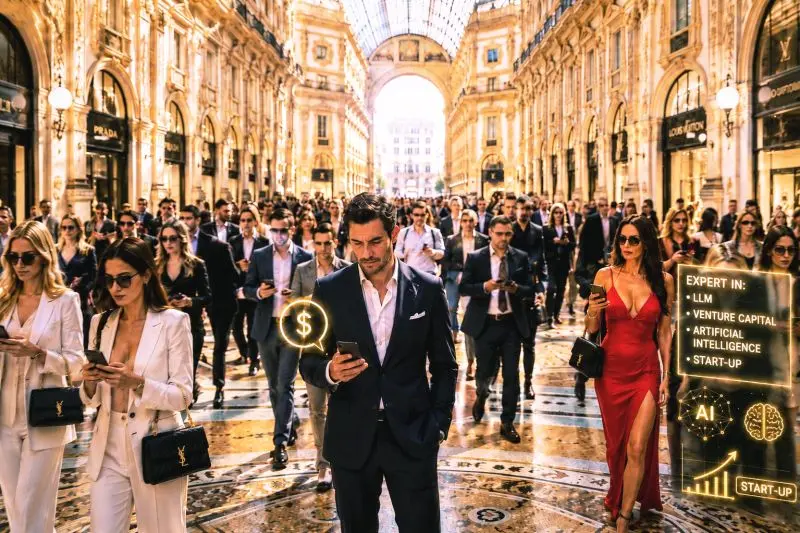 Galleria Milano piena di professionisti in abiti eleganti
