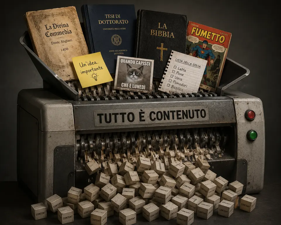 Tritatutto che trasforma Dante, tesi di dottorato, Bibbia, Fumetto in blocchetti identici etichettati 'CONTENUTO'
