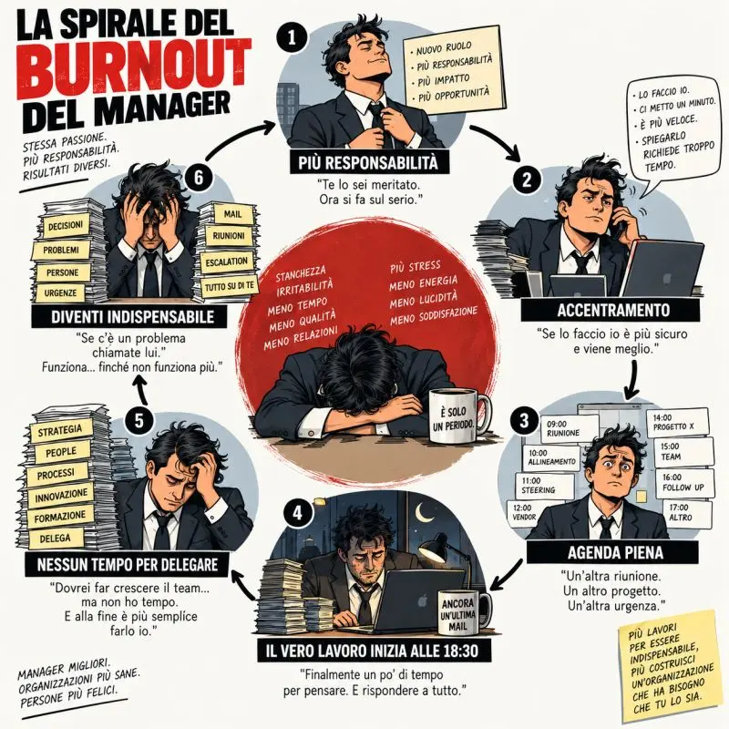 Infografica sulla spirale del burnout del manager: sei stadi dal carico di responsabilità al burnout totale