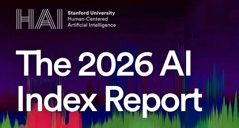 Logo Stanford HAI (Human-Centered Artificial Intelligence) con il titolo The 2026 AI Index Report su sfondo viola con grafici di dati colorati
