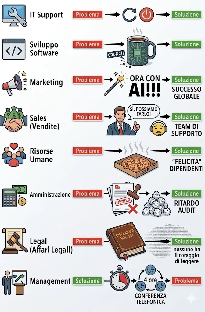 Infografica con gli stereotipi comuni dell'ambiente aziendale: PMO in call infinite, Sales che promettono l'impossibile, HR con motivational pizza party, Dev con AI come bacchetta magica