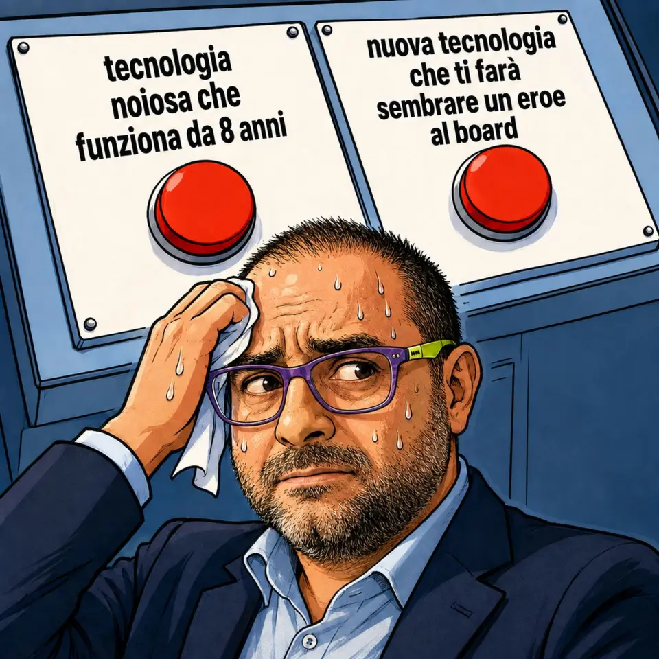 Manager in crisi tra due pulsanti rossi: tecnologia vecchia che funziona da 8 anni vs. nuova tecnologia che farà sembrare un eroe al board