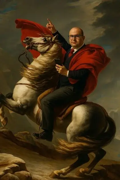 Uomo in abiti moderni con mantello rosso su cavallo rampante, in stile del celebre ritratto di Napoleone di David
