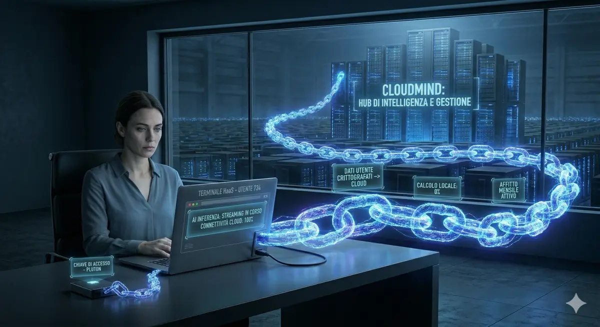 Una rappresentazione dell'architettura di computing moderna con datacenter e cloud dominanti, simboleggiando la perdita di sovranità digitale