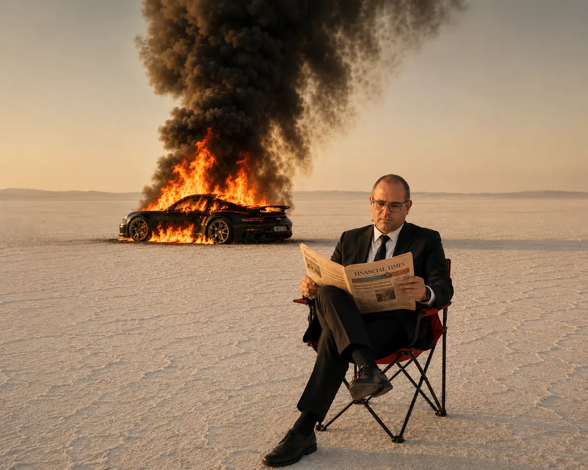 Manager legge Financial Times con auto che brucia sullo sfondo — metafora della trasformazione digitale in crisi