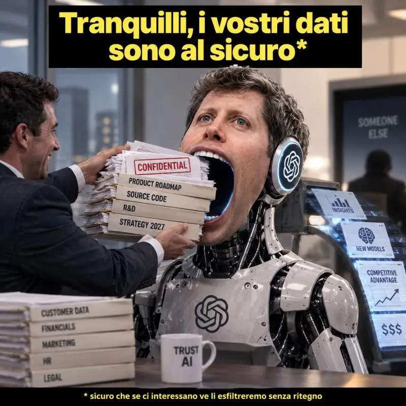 Immagine provocatoria di un robot con lo logo OpenAI che inghiotte documenti confidenziali aziendali mentre una persona gli guarda in bocca